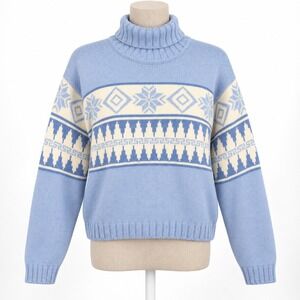Obermeyer 90s Wool Snowflake Turtleneck Sweater Sz L Blue Fair Isle Thanksgiving
